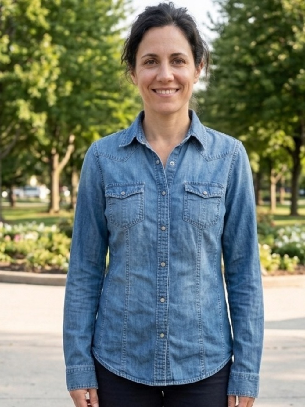White House Black Market Blue Denim Button-Up Shirt